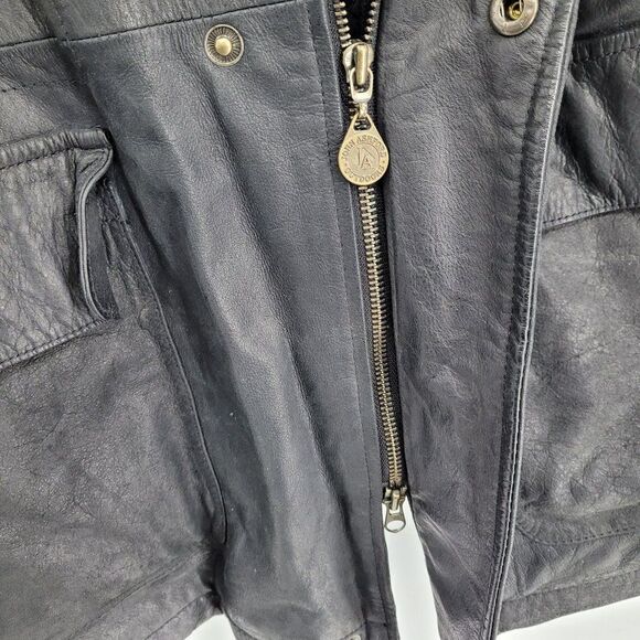 Vintage 80's John Ashford Leather Coat Anorak Jacket Collared Drawstring Black L - Picture 8 of 16